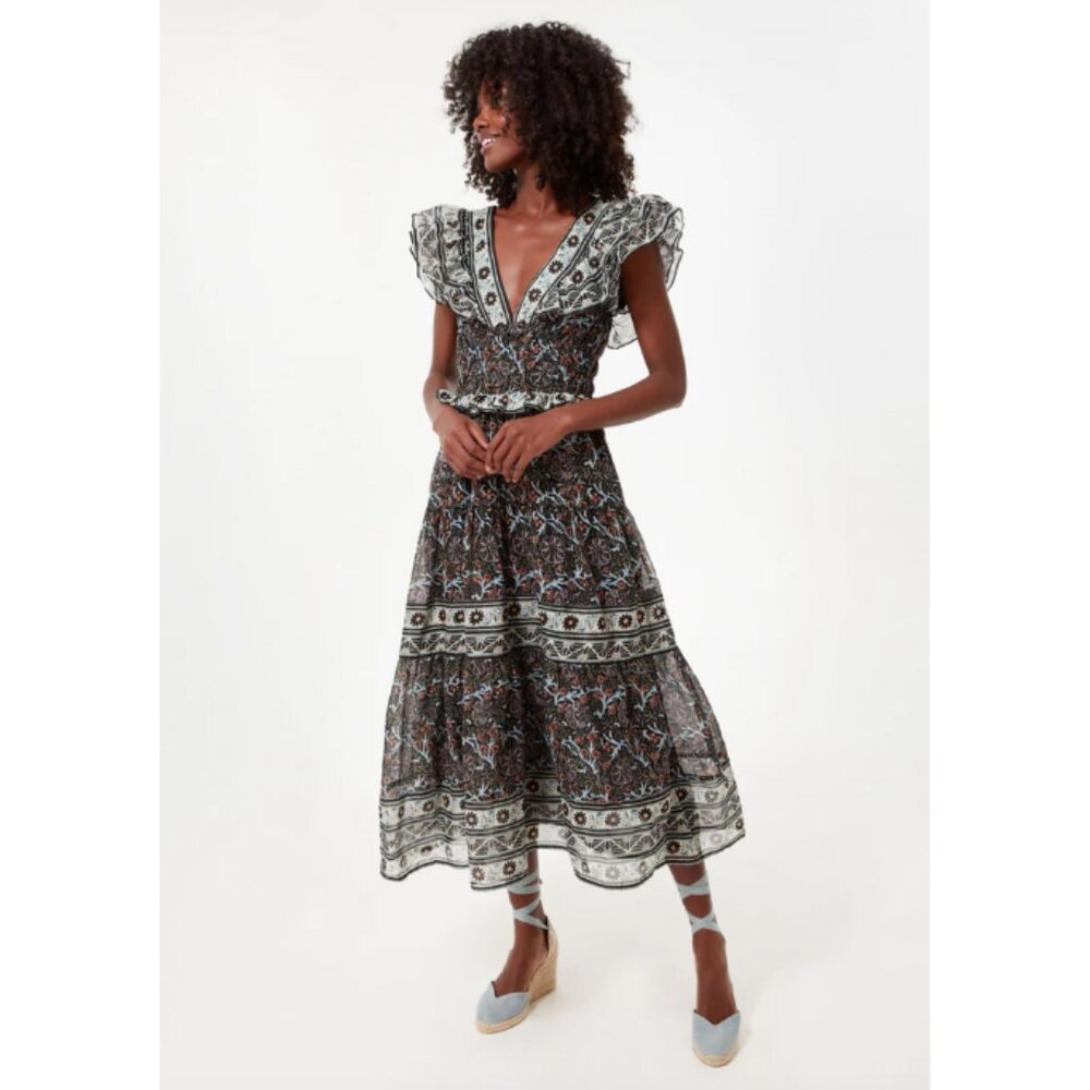 Sea New York Black Marlee Print Flutter Sleeve Dress Midi Smocked Ruffle Size 4